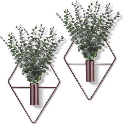 Jexine 8 Pcs Hanging Planters with Artificial Eucalyptus Metal Hanging Vase Indoor Plants Holder Modern Geometric Boho Bathroom Wall Decor for Living Room Home Office, Bronze
