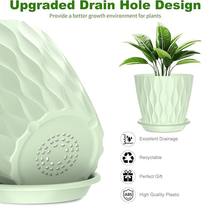 6 Pack 6 Inch Indoor Plant Pots with Drainage Holes, Outdoor Plastic Decorative Flower Pots, Garden Planters with Tray Saucers for Orchids, Violets, Succulents, Herbs, and Other Plants