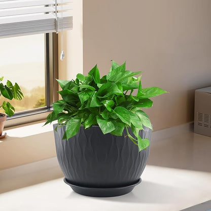 12/10/9 inch Plant Pots, 3 Pack Flower Pots for Outdoor Indoor Garden Plants, Large Planters with Multi Mesh Drainage Holes and Saucer (Black, 12"+10"+9")