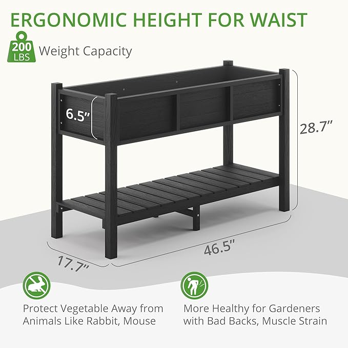 LUE BONA Raised Garden Bed with Tools, 47*18*29 in, Poly Elevated Planter Box with Legs And Storage Shelf, Weather Resistant, 3-Year Warranty, Standing Growing Bed Herb Planter for Vegetable, Black