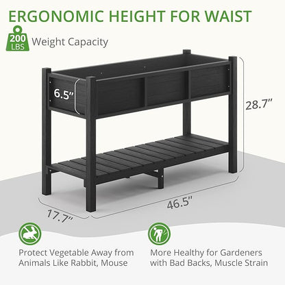 LUE BONA Raised Garden Bed with Tools, 47*18*29 in, Poly Elevated Planter Box with Legs And Storage Shelf, Weather Resistant, 3-Year Warranty, Standing Growing Bed Herb Planter for Vegetable, Black