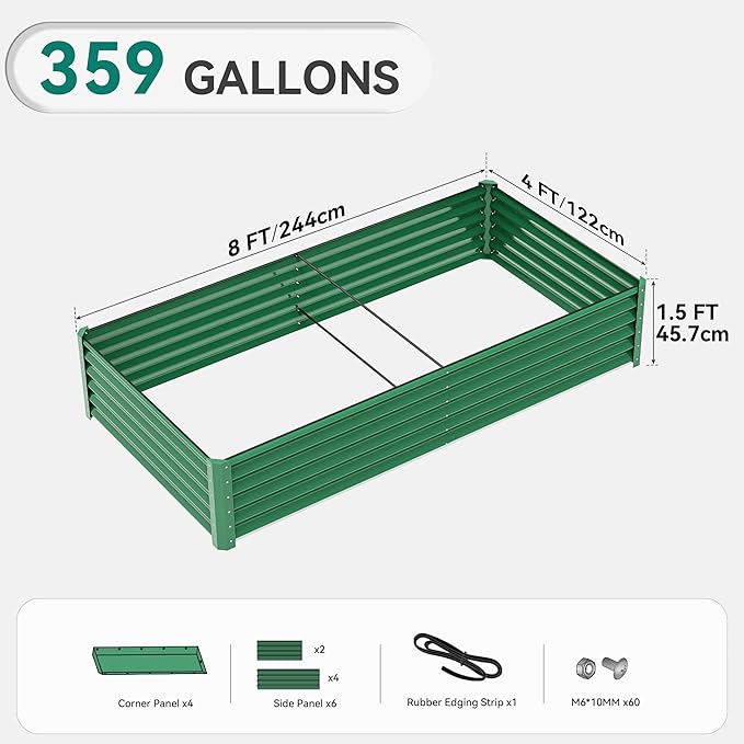 YITAHOME 96x48x18 in Galvanized Raised Garden Bed Kit, Large Metal Planter Box with Gloves, Safety Rubber & Support Rod, Outdoor Flower Bed for Plants Vegetables, Green