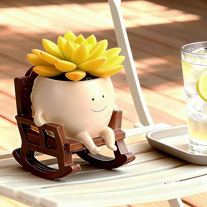 4 Inch Rocking Chair Smiley Face Planter Pots with Drainage Hole, Resin Flower Pot for Succulents, Cute Plant Pot Indoor Outdoor, Perfect for Spring Decor, Unique for Plant Lovers