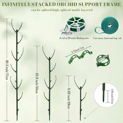 12 Pcs Stackable Plant Support Stakes with 1 Roll 2 M Stickers, 1 Roll 20 Cable Ties, 10 Clips, Stackable Plant Support Stakes for Indoor Outdoor Plants Potted Monstera Climbing Plants