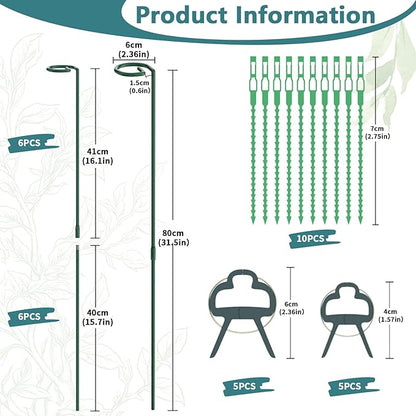 Plant Stakes for Indoor Outdoor Plants, 6 Packs 31.5 inches Plant Support Stakes with Twist Ties and Clips, Climbing Plant Sticks Garden Flower Stakes Support Hoops for Tomato, Pepper, Peony