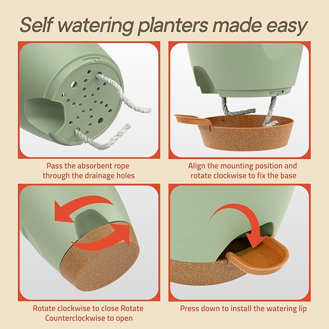 Green Self Watering Pots 10 Pack, Indoor and Outdoor Plant Pots with Wick Rope & Drainage Holes, Easy Watering Lip, Lightweight Plastic Self Watering Planter for Succulents, Houseplants, and Herbs