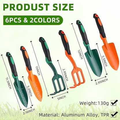 6 Pcs Colorful Garden Tools Set Heavy Duty Gardening Tools Set Include Garden Shovel Transplant Trowel and Hand Rake with Ergonomic Handle Aluminum Alloy Lawn for Planting Gifts Men Women
