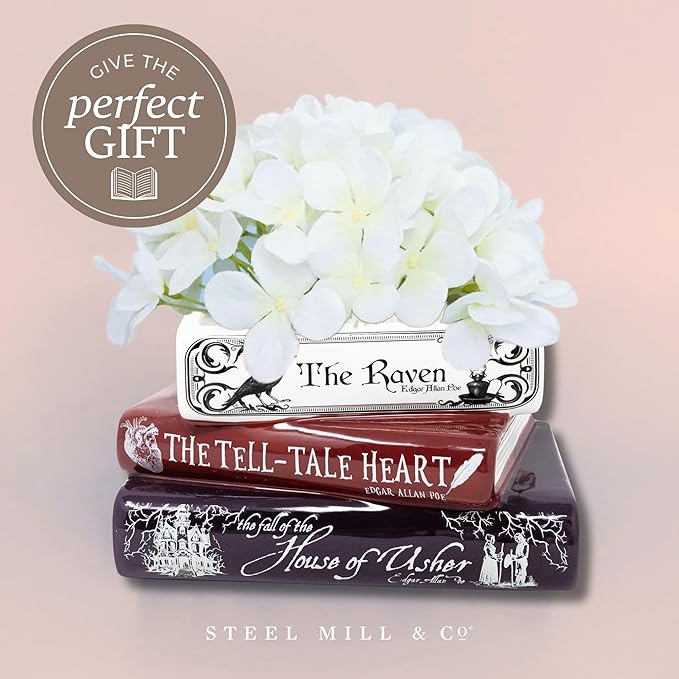 Steel Mill & Co Original Small Book-Shaped Decorative Planter, Ceramic Planter for Home Decor, Gothic Bookshelf Decor, Unique Planter for Book Lover (Edgar Allan Poe)