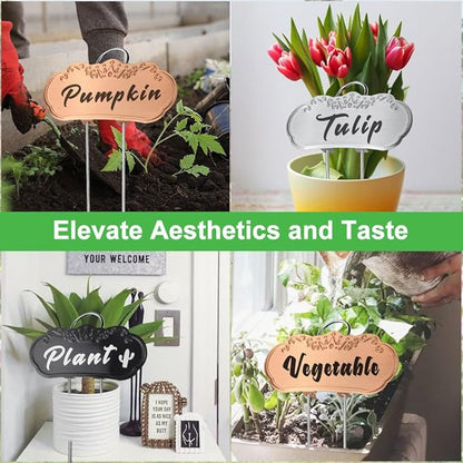 30 PacksTCYPUHL Metal Plant Labels, Tall Outdoor Garden Markers for Flowers, Fruits and Vegetables, 304 Stainless Steel Weatherproof Signs (4" x 1.9", Silver, Black and Gold)