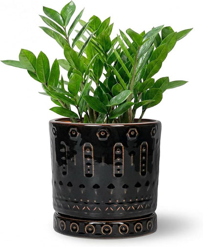 8 Inch Pots for Plants, Ceramic Plant Pot for Indoor Outdoor, Round Planter with Drainage Hole and Tray, Modern Flower Pot, Decorative Plant Pots, Room Decor, House Warming Gifts, Black