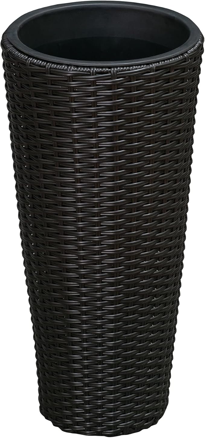 Balkene Home Noah Round Wicker Planter Tall Planter Decor Box for Adaptable Outdoor Furnishings All Weather Versatile Perfect Patio Herb Garden Living Space - 2 Piece Set - Black