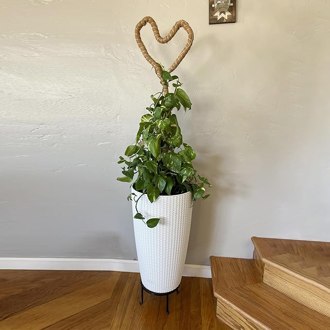 22" Tall Planter Set of 2, Large Self Watering Pots for Indoor/Outdoor Plants with Drain Holes, Water Level Monitor, Inner Bucket for Front Porch Patio, White Rattan Conical