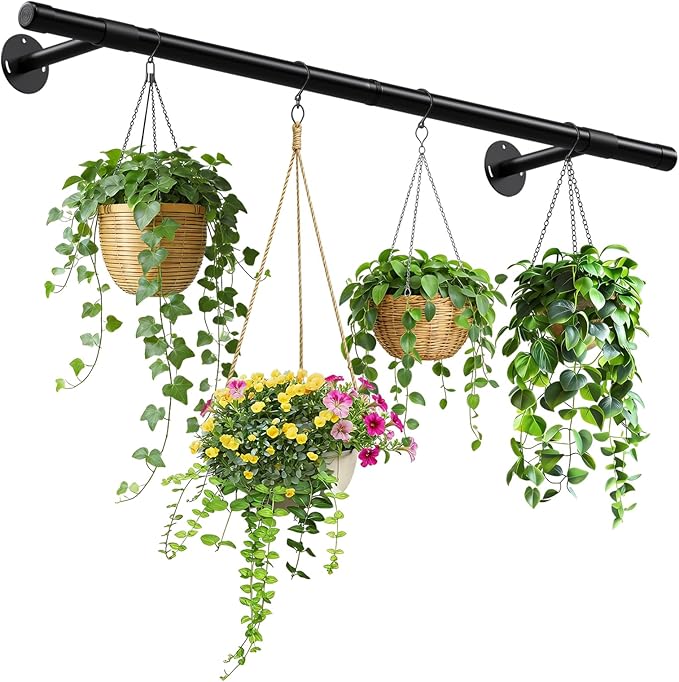 Plant Hanging Rod, 47 Inch Plant Hanger Indoor for Window Ceiling, Heavy Duty Hanging Planters for Indoor Plants, Black Wall Plants Holder, Window Plants Shelves Pot/Chain/Plant Not Included