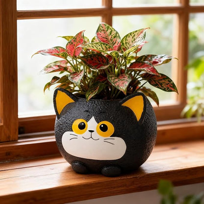 Black Cat Planter Pot - Unique Resin Succulent Planter with Drainage Hole, Funny Cat Plant Pots for Indoor Outdoor Plants, Cute Decorative Flower Pot Gift for Mother and Cat/Plant Lovers