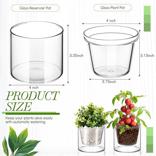 Baderke 2 Pcs 4 Inch Self Watering Pot for Indoor Plants Clear Glass Planter Small Plant Pot with Saucer Reservoir Drainage Holes Bottom Watering Pot for African Violet Orchid Flowers Houseplant