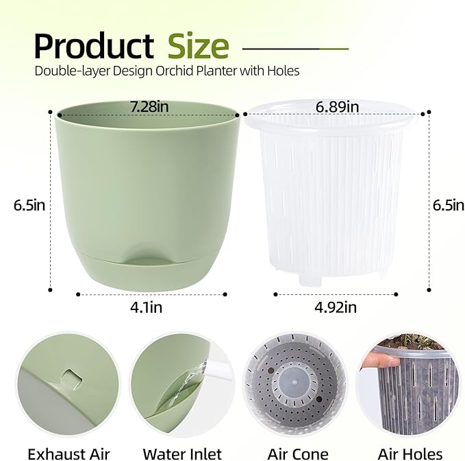 QCQHDU 2 Pack 7.2 Inch Orchid Pots with Holes for Repotting, Double-Layer and Self Watering Orchid Pot with Good Air Circulation