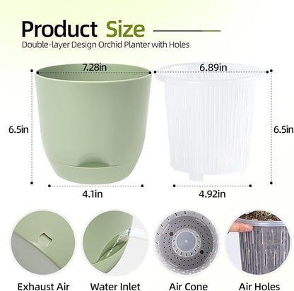 QCQHDU 2 Pack 7.2 Inch Orchid Pots with Holes for Repotting, Double-Layer and Self Watering Orchid Pot with Good Air Circulation
