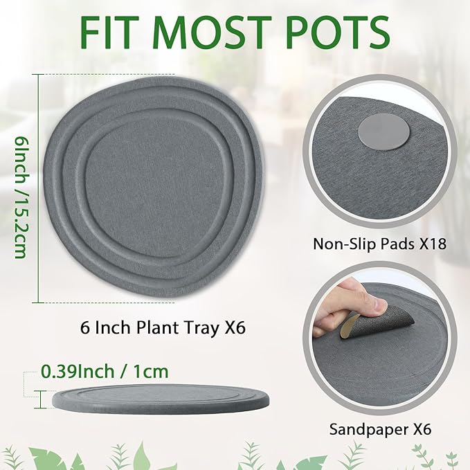 Plant Saucers for Indoors, 6 Pack 6" Quick Dry Diatomite Plant Drip Water Catcher Trays for Pots, Diatomaceous Earth Planter Drainage Saucers Plates to Catch Water for Flower and Plants, Stone Gray