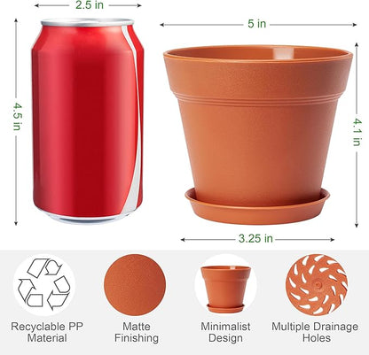 10 Pack Plastic Plant Pots with Drainage Holes and Tray, 5 inch Thickened Indoor Planters Seedlings Nursery Pots for Flowers, African Violet, Succulent and All House Plants, Terracotta
