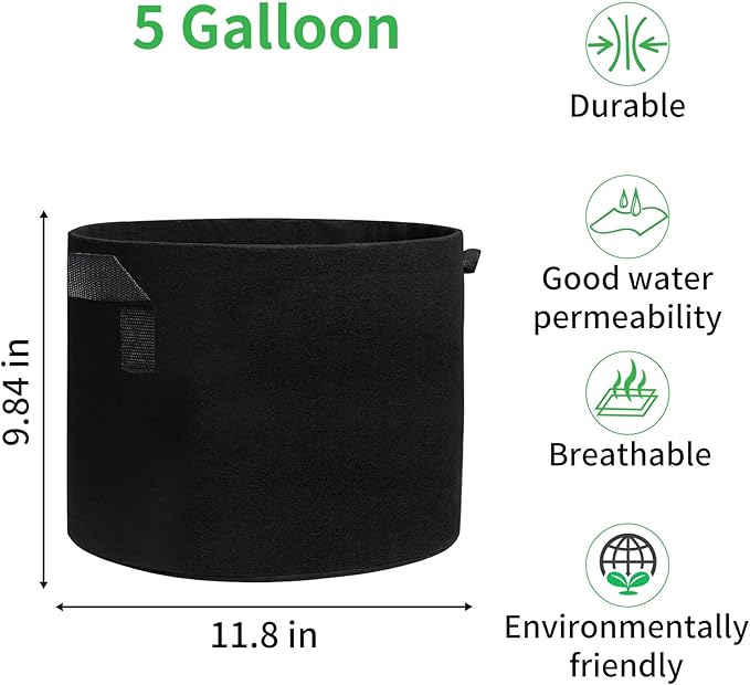 JJGoo 5 Pack Potato Grow Bags 5 Gallon with Flap, Heavy Duty Fabric with Handle, Non-Woven Planter Pot Plant Garden Bags to Grow Vegetables Tomato, Black