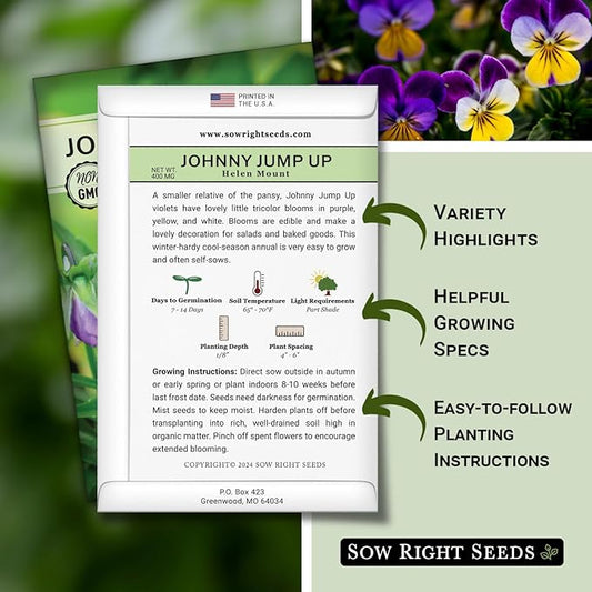 Sow Right Seeds - Violet, Johnny Jump-Up Flower Seed for Planting - Beautiful Flowers to Plant in Your Garden - Non-GMO Heirloom Seeds - Perfect for Spring Containers - Attract Pollinators (4)