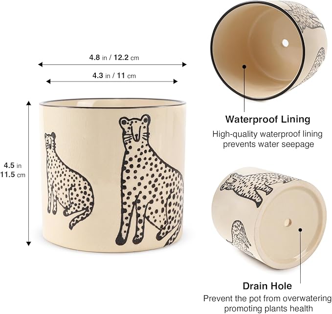 5 Inch Ceramic Planters for Indoor Plants, Funny Small Plant Pots with Drainage, Unique Decorative Cute Flower Pot Panthers Round Flowerpots