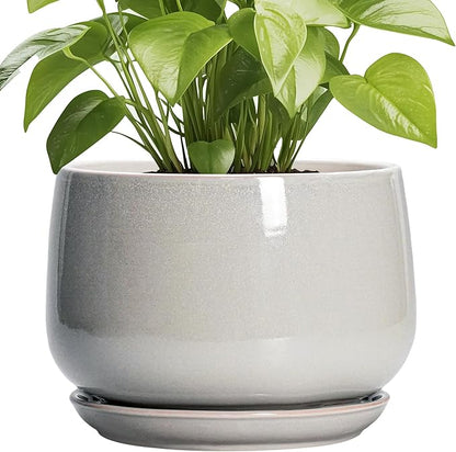 G EPGardening Ceramic Plant Pots - 9 Inch Ceramic Planters for Indoor Outdoor Plants, Modern Flower Pots with Drainage and Saucer, Round Planter, Garden Home Decor, Plant Lover Gifts, Light Grey