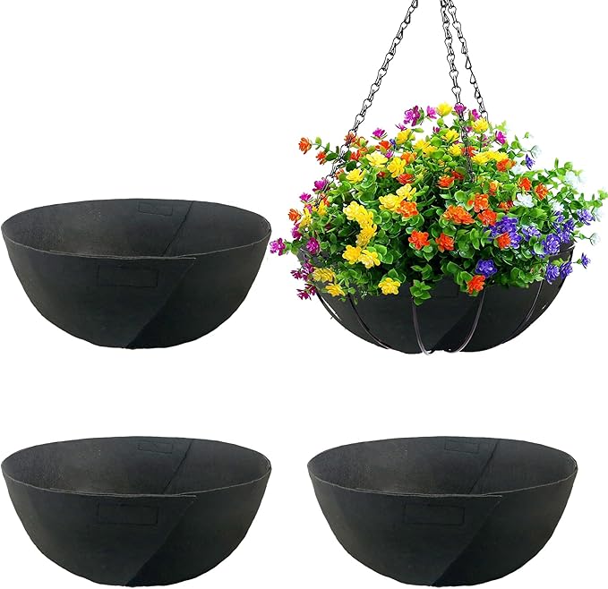 4 Pack 16 Inch Fabric Planter Basket Liner- Felt Flower Pot Liners Replacement Coco Fiber Liner for Hanging Basket Flowers Round Hanging Basket Liners Prevent Birds from Nesting