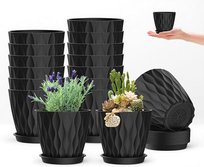16 Pack 4 Inch Plastic Planter Pots with Tray, Heavy Duty Indoor Outdoor Planter Pots with 48 Drainage Holes for Herbs, Succulents, Seedlings, Flowers Durable and Lightweight Black