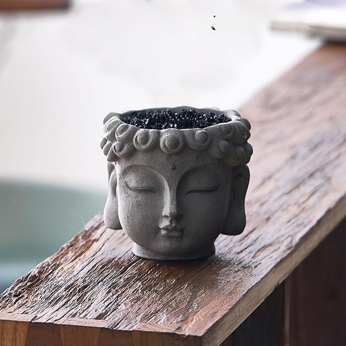 Buddha Head Planter with Drainage Hole - Zen Flower Pot for Succulents, Air Plants, Home & Office Decor, Gift for Plant Lovers (Indoor/Outdoor Use)﻿