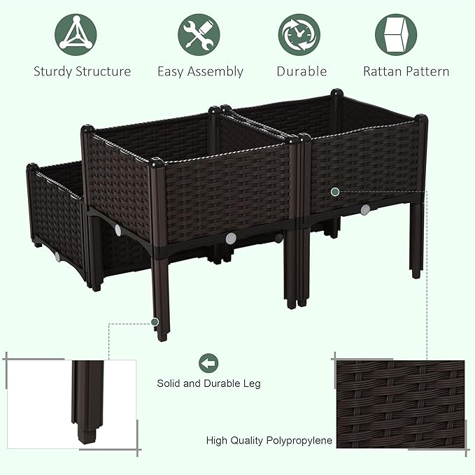 Outsunny 4 Piece Raised Garden Bed with Legs, Planter Box Raised Bed to Grow Flowers, Herbs & Vegetables, Brown