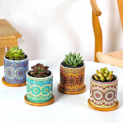 Yesland 4 Pack Succulent Plant Pots with Bamboo Tray, 3 Inch Ceramic Mandalas Pattern Cylinder Planter & Flower Pots with Drainage Hole, for Flowers, Cactus, Home, Garden, Office Decoration