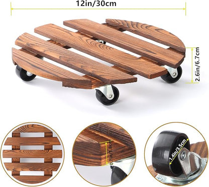 2 Pack 12" Plant Caddy with Wheels, Rolling Plant Stand 220 LB Heavy Duty Wooden Round Plant Dolly with Metal 360° Lockable Caster Wheels for Outdoor Indoor Large Plant Pots, Flower Pot, Patio