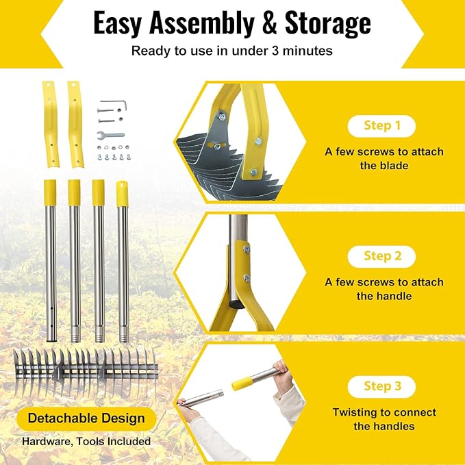 Garden Leaf Rake,Dual Function Thatching Rake for Lawn Dead Grass Leaves, Stainless Steel Heavy Duty 69” Lawn Dethatcher with Sharp 19 Tines, Fast Weeds, Leaf, Thatch, Dead Grass Removal Garden Tool