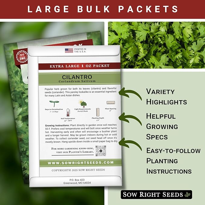 Sow Right Seeds - Bulk Cilantro Seeds for Planting - 1 Ounce, 2000 Seeds - Non-GMO Heirloom Jumbo Pack with Instructions to Grow an Herb Garden - Great for Cooking - Make Loads of Coriander Seasoning