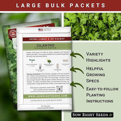 Sow Right Seeds - Bulk Cilantro Seeds for Planting - 1 Ounce, 2000 Seeds - Non-GMO Heirloom Jumbo Pack with Instructions to Grow an Herb Garden - Great for Cooking - Make Loads of Coriander Seasoning
