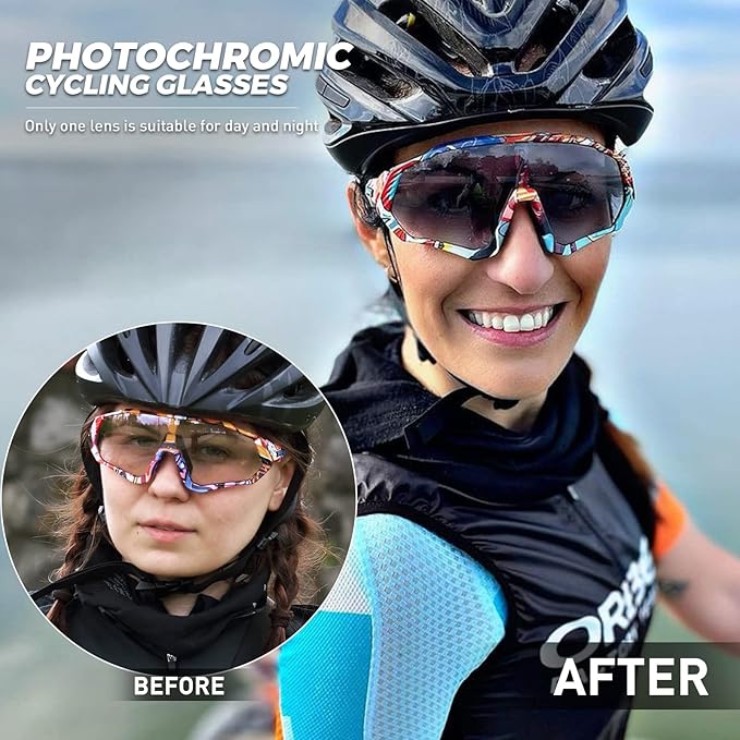 KAPVOE Photochromic Cycling Glasses Men Women Mountain Bike Sunglasses Clear MTB Bicycle Riding - K9408