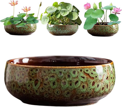 Ceramic Lotus Bowl Planter, Lotus Pots for Water Plants Indoor, Large Caliber Flow Glaze Non-Porous Hydroponic Container, Succulent Pots, Leak-Proof Design (Green Peacock Pattern) 6.6in*2.7in