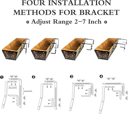 6 Pack 24 Inch Window Boxes Planters Railing Planter Box with Adjustable Brackets & Coco Liners Fabric Plant Grow Bags Deck Railing Planter Boxes Balcony Hanging Flower Box for Outdoor Plants