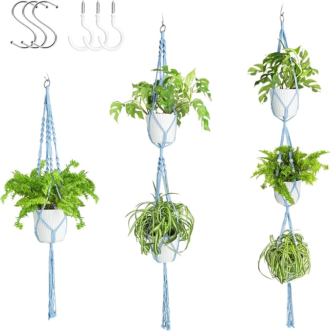 XXXFLOWER 3 Pack Macrame Plant Hanger Indoor Set with Hooks Handmade Woven Cotton Rope Flower Pot Crochet Plant Holder Stand Boho Plant Decor Hanging Planter Baskets Set of 3 with Beads Blue