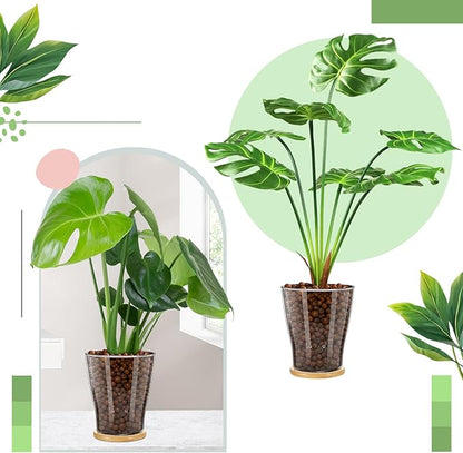 Baderke Glass Orchid Pots with Holes and Bamboo Tray Glass Pot Water Level Control Semi Hydroponic Transparent Root Transparent Indoor Orchid Planter for Home Indoor Outdoor Plant Lovers (5.12 Inch)