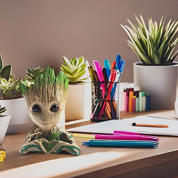 B-Best Baby Groot Pen Pot Tree Man Pens Holder or Flower Pot with Drainage Hole Perfect for a Tiny Succulents Plants 6" (Brown)