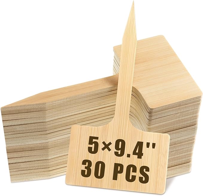 Hicarer 30 Pcs 30 Pack 5" x 9.4" Extra Large Bamboo Garden Markers, Natural Wood T-Type Large Plant Labels for Herbs, Flowers & Vegetables – Easy to Read Full-Size Tags for Garden Outdoor