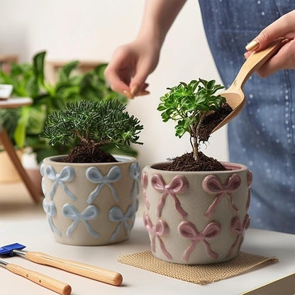 Ceramic Flower Pots for Indoor and Outdoor Plants, Succulent Orchid Round Clay and Terracotta Planter for Garden Home Modern Decoration 5.3 Inch (Pink Bow, Without Saucers)
