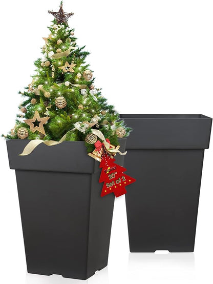Tall Planters for Outdoor Plants, 20 Inch Movable Drainage Large Outdoor Planter Indoor Planters, Set of 2 Plastic Planters for Front Porch Door Garden Balcony Deck, Dark Gray 20"