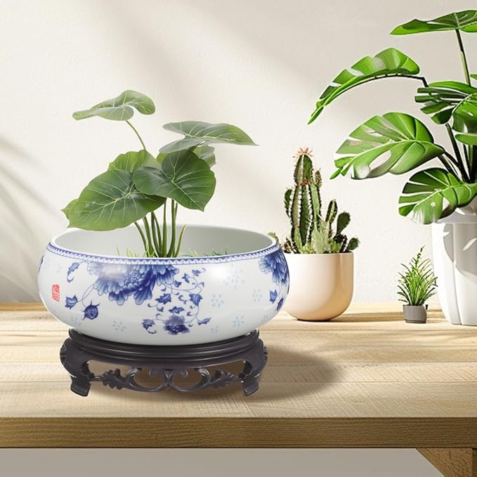 YARNOW Lotus Bowl Planter with Stand - Non Hole Ceramic Bonsai Pot for Water Lily, Succulents, and Small Plants, 7 x 6.3 x 4 Inch