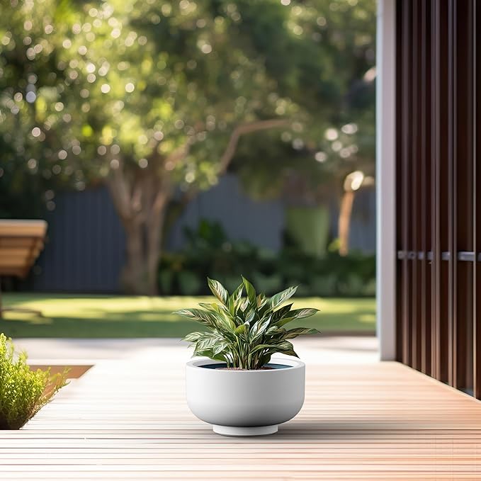 Kante 13.8 Inch Dia Concrete Bowl Planter, Large Tapered Bottom Plant Pot with Drainage, Smooth White Finish with Painted Interior, Ideal for Porch, Home, Garden, Patio