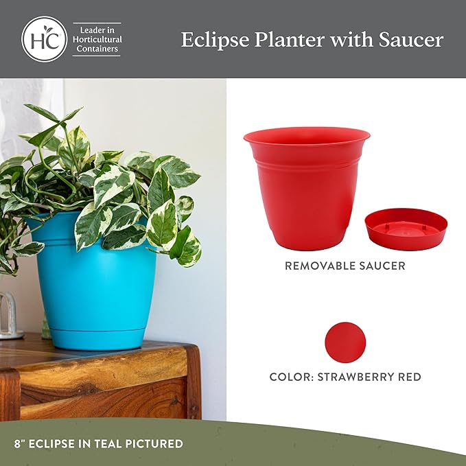 The HC Companies 6 Inch Eclipse Round Planter Pots with Drainage Holes & Attached Saucer, Lightweight UV-Resistant Plastic Indoor & Outdoor Planters, 4-Pack Flower Pots for Garden & Home Decor, Red