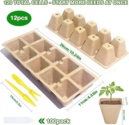 120 Cells Seed Starter Tray, 12 Pack Germination Peat Pots with 100 Labels, Plant Starter Kit for Seedlings