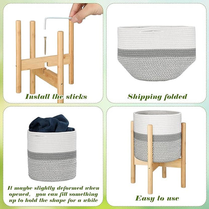 Plant Basket with Stand Indoor Planter Pot Holder Sturdy Jute Rope Modern Woven Basket, Cotton Rope Woven Pot with Bamboo Stand(10 Inch,White and Gray)